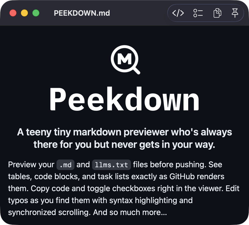 Peekdown app displaying a GitHub-styled README with code blocks and tables