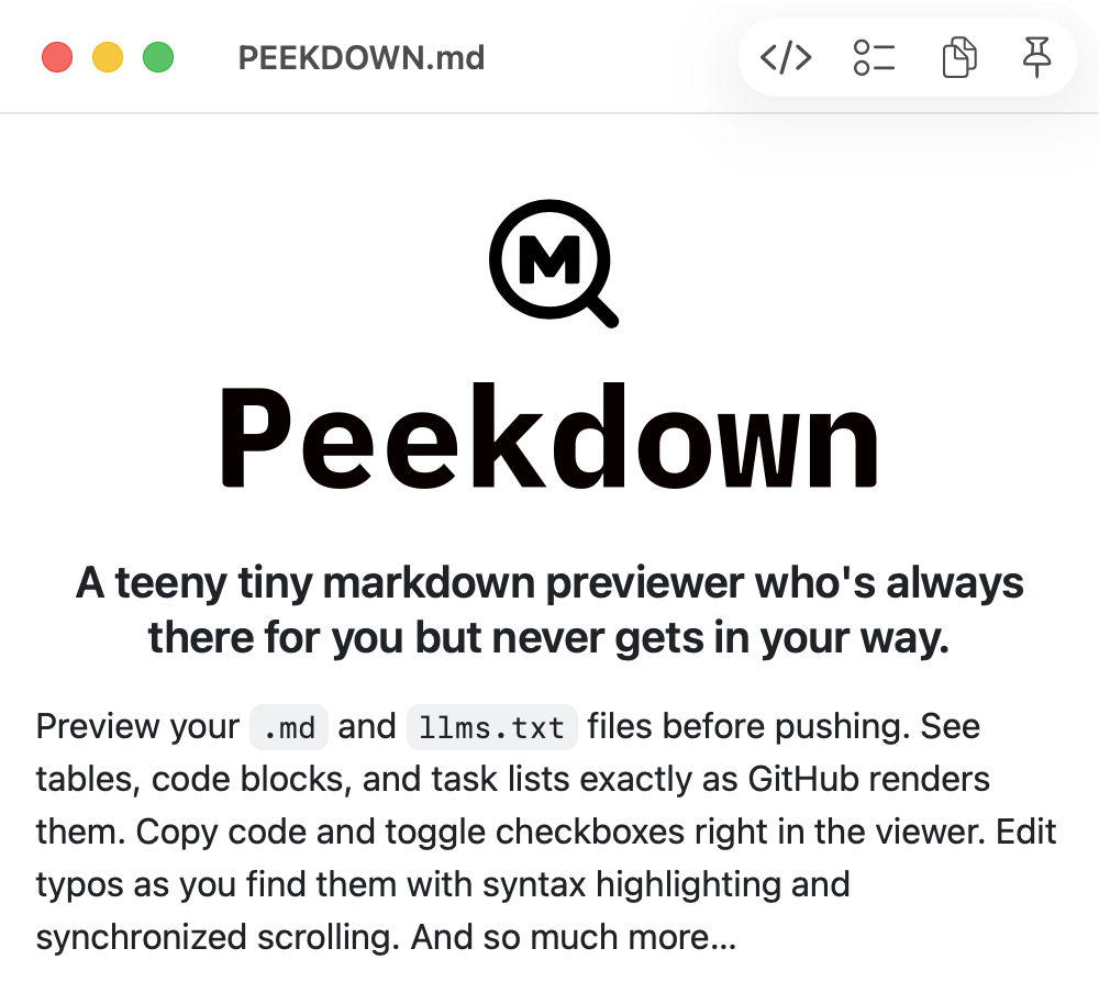 Peekdown app displaying a GitHub-styled README with code blocks and tables