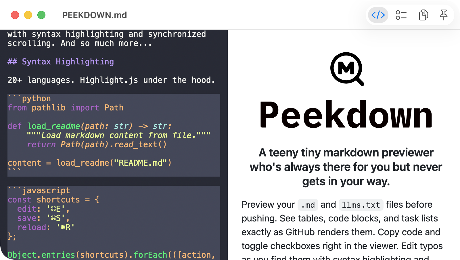 Peekdown side-by-side markdown editor with live preview and synced scrolling