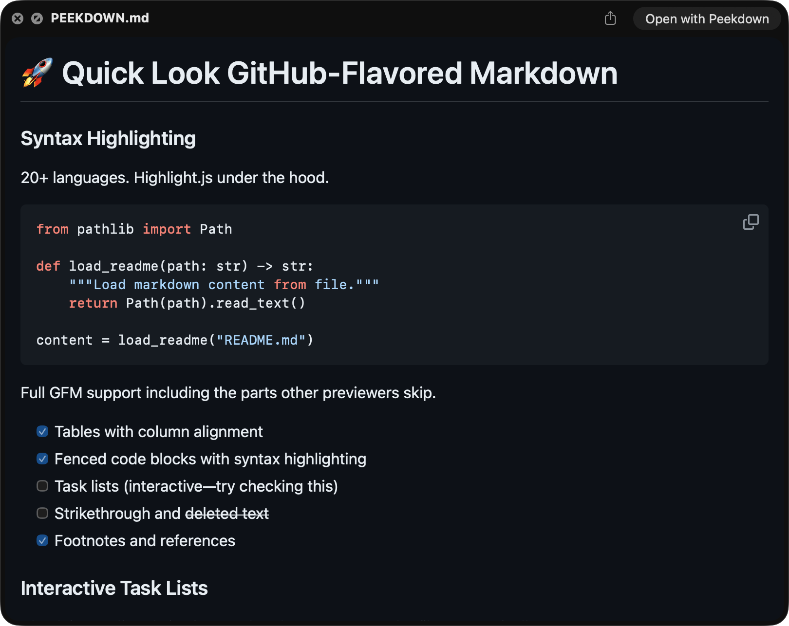 Peekdown Quick Look preview showing formatted markdown documentation