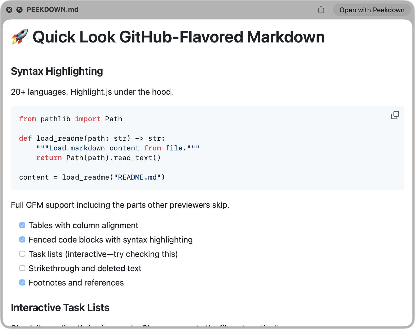 Peekdown Quick Look preview showing formatted markdown documentation